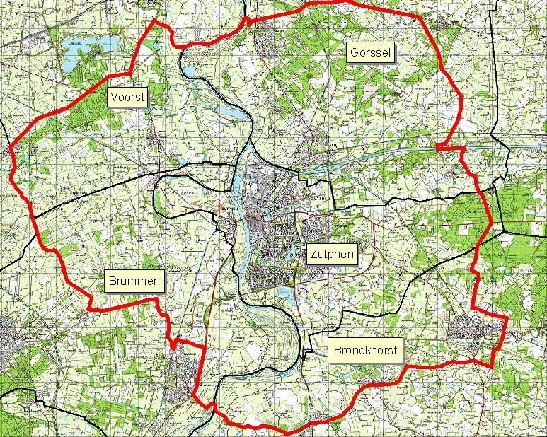 Grens werkgebied in rood met gemeentegrenzen in zwart

